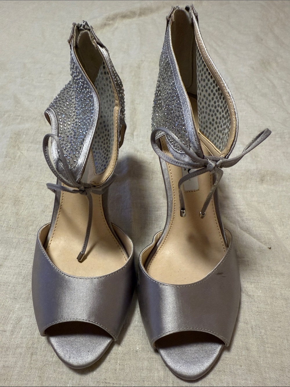 ANNA New York Silver Open-Toe Rhinestone Ankle-Tie Heels
